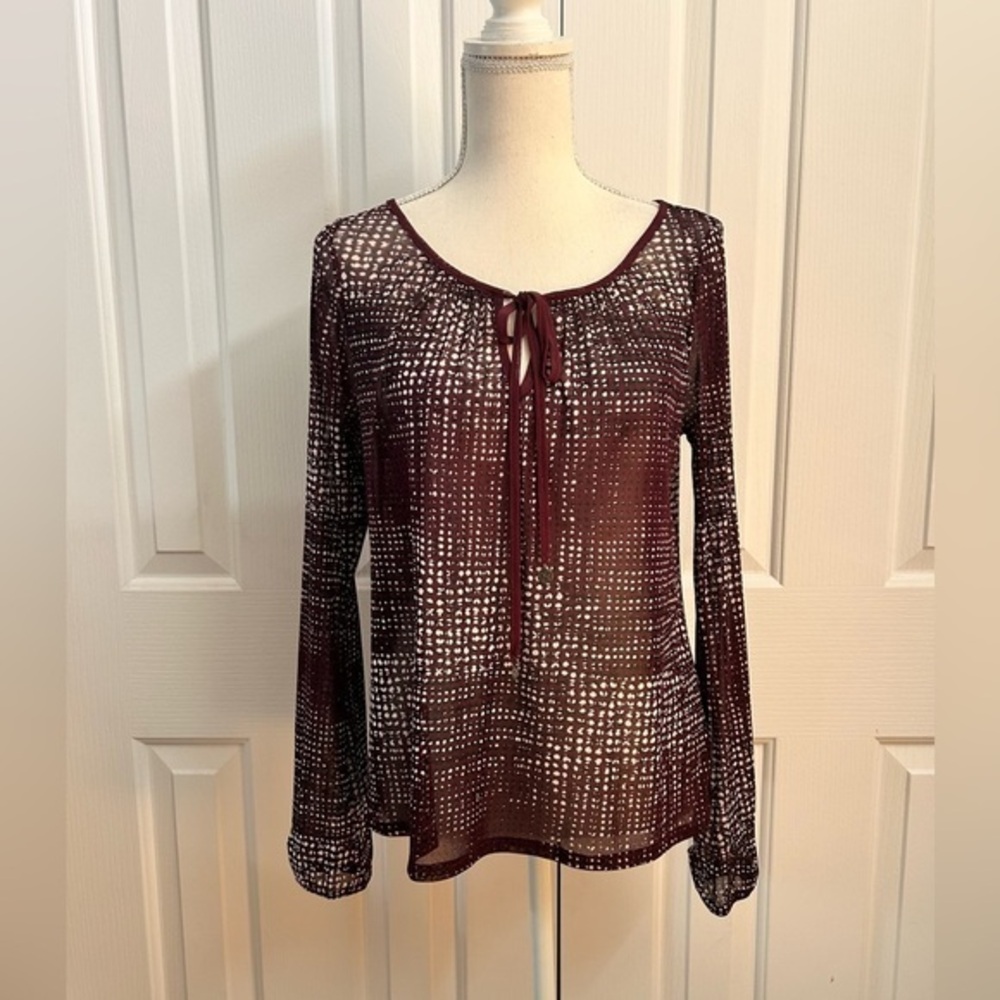 MEXX Maroon and White Dotted Women Sheer Blouse, Size Medium